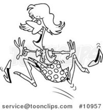 Cartoon Black and White Line Drawing of a Lady Running and Losing Her Shoes by Toonaday