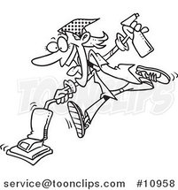 Cartoon Black and White Line Drawing of a Spring Cleaning Lady Vacuuming by Toonaday