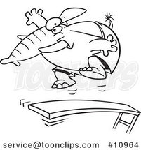 Cartoon Black and White Line Drawing of an Elephant Jumping on a Diving Board by Toonaday