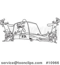 Cartoon Black and White Line Drawing of a Cops with a Robber in a Squad Car by Toonaday