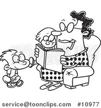 Cartoon Black and White Line Drawing of a Lady Reading a Book to a Boy and Girl at Story Time by Toonaday