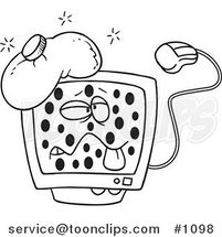 Cartoon Black and White Outline Design of a Sick Speckled Computer with a Virus by Toonaday