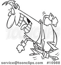 Cartoon Black and White Line Drawing of a Stomping Business Man by Toonaday