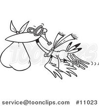 Cartoon Black and White Line Drawing of a Stork Carrying a Bundle by Toonaday