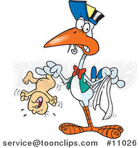 Cartoon Stork Holding a Crying Baby by Toonaday