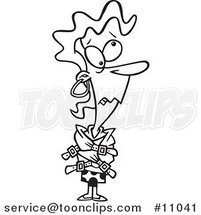 Cartoon Black and White Line Drawing of a Looney Lady in a Straight Jacket by Toonaday
