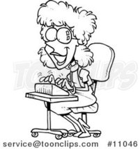 Cartoon Black and White Line Drawing of a Typing Stenographer by Toonaday