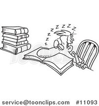 Cartoon Black and White Outline Design of a Tired Guy Falling Asleep While Studying by Toonaday