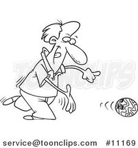 Cartoon Black and White Line Drawing of a Bowler Releasing a Ball by Toonaday