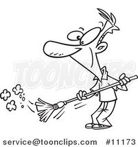 Cartoon Black and White Line Drawing of a Guy Sweeping by Toonaday