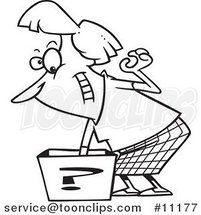 Cartoon Black and White Line Drawing of a Lady Reaching in a Surprise Box by Toonaday