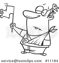 Cartoon Black and White Line Drawing of a Beat up Guy Surrendering by Toonaday