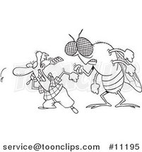 Cartoon Black and White Line Drawing of a Huge Fly Behind a Guy Swatting Flies by Toonaday