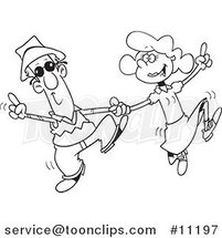 Cartoon Black and White Line Drawing of a Couple Swing Dancing by Toonaday