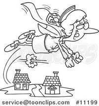 Cartoon Black and White Line Drawing of a Super Nurse Flying by Toonaday