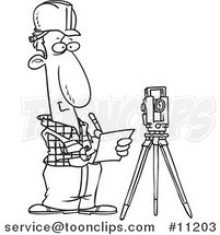 Cartoon Black and White Line Drawing of a Construction Surveyor by Toonaday