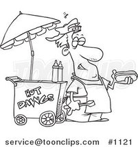 Cartoon Black and White Outline Design of a Messy Hot Dog Vendor by His Cart by Toonaday