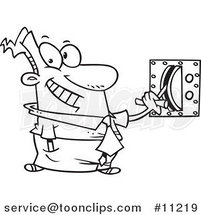 Cartoon Black and White Line Drawing of a Business Man Flipping a Switch by Toonaday