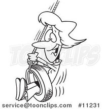 Cartoon Black and White Line Drawing of a Lady Playing on a Tire Swing by Toonaday