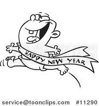 Cartoon Line Art Design of an Excited Baby Running with a Happy New Year Sash by Toonaday