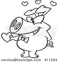 Cartoon Line Art Design of a Valentine Pig Giving a Heart by Toonaday