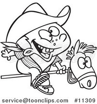 Cartoon Line Art Design of a Kid Cowboy Riding a Stick Pony by Toonaday