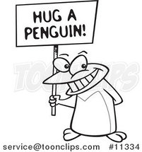 Cartoon Line Art Design of a Penguin Holding a Hug a Penguin Awareness Sign by Toonaday