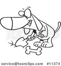 Cartoon Black and White Outline Design of a Dog Digging a Deposit Hole for a Bone by Toonaday