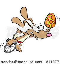 Cartoon Talented Easter Bunny with an Egg on a Unicycle by Toonaday