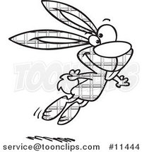 Cartoon Black and White Outline Design of a Jumping Plaid Easter Bunny - 2 by Toonaday