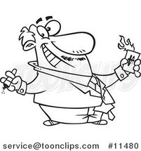 Cartoon Line Drawing of a Wealthy Business Man Burning Money by Toonaday
