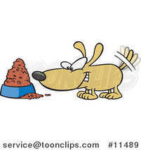 Cartoon Dog Wagging His Tail by a Food Bowl by Toonaday