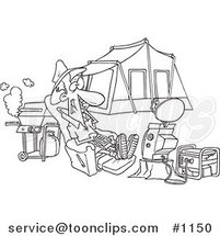 Cartoon Black and White Outline Design of a Guy Watching Tv Hooked up to a Generator at His Camp Site by Toonaday