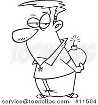 Cartoon Line Drawing of a Guy Holding a Bomb Behind His Back by Toonaday