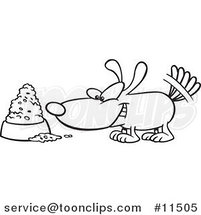 Cartoon Line Drawing of a Dog Wagging His Tail by a Food Bowl by Toonaday