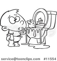 Cartoon Boy with Toys in the Toilet Black and White Outline by Toonaday