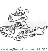 Cartoon Pig Racing a Hot Rod Black and White Outline by Toonaday