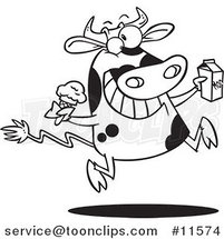 Cartoon Dairy Cow with Ice Cream and Milk Black and White Outline by Toonaday