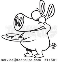 Cartoon Outlined Pig with Meat on a Plate by Toonaday