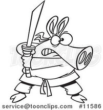 Cartoon Outlined Ninja Pig with Sword by Toonaday
