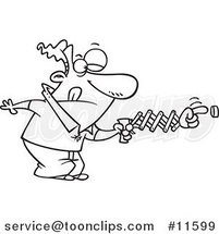 Cartoon Outlined Guy Using a Spring Hand to Push a Button by Toonaday