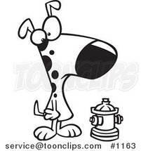 Cartoon Black and White Outline Design of a Dog Looking at a Small Fire Hydrant by Toonaday