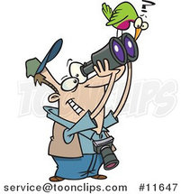 Cartoon Bird on a Guy's Binoculars by Toonaday