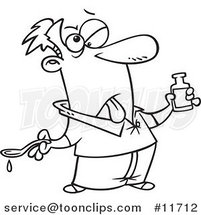 Cartoon Outlined Sick Guy Holding Medicine by Toonaday