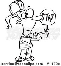 Cartoon Outlined Traffic Girl Construction Worker Stopping by Toonaday