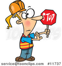Cartoon Traffic Girl Construction Worker Stopping by Toonaday