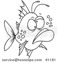 Cartoon Black and White Outline Design of a Grumpy Ugly Fish by Toonaday