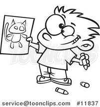 Cartoon Outlined Proud Boy Holding His Cat Drawing by Toonaday