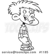 Cartoon Black and White Outline Design of a Buck Toothed Boy with His Hands in His Pockets by Toonaday