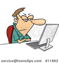 Cartoon Grumpy Guy Sitting at His Computer by Toonaday